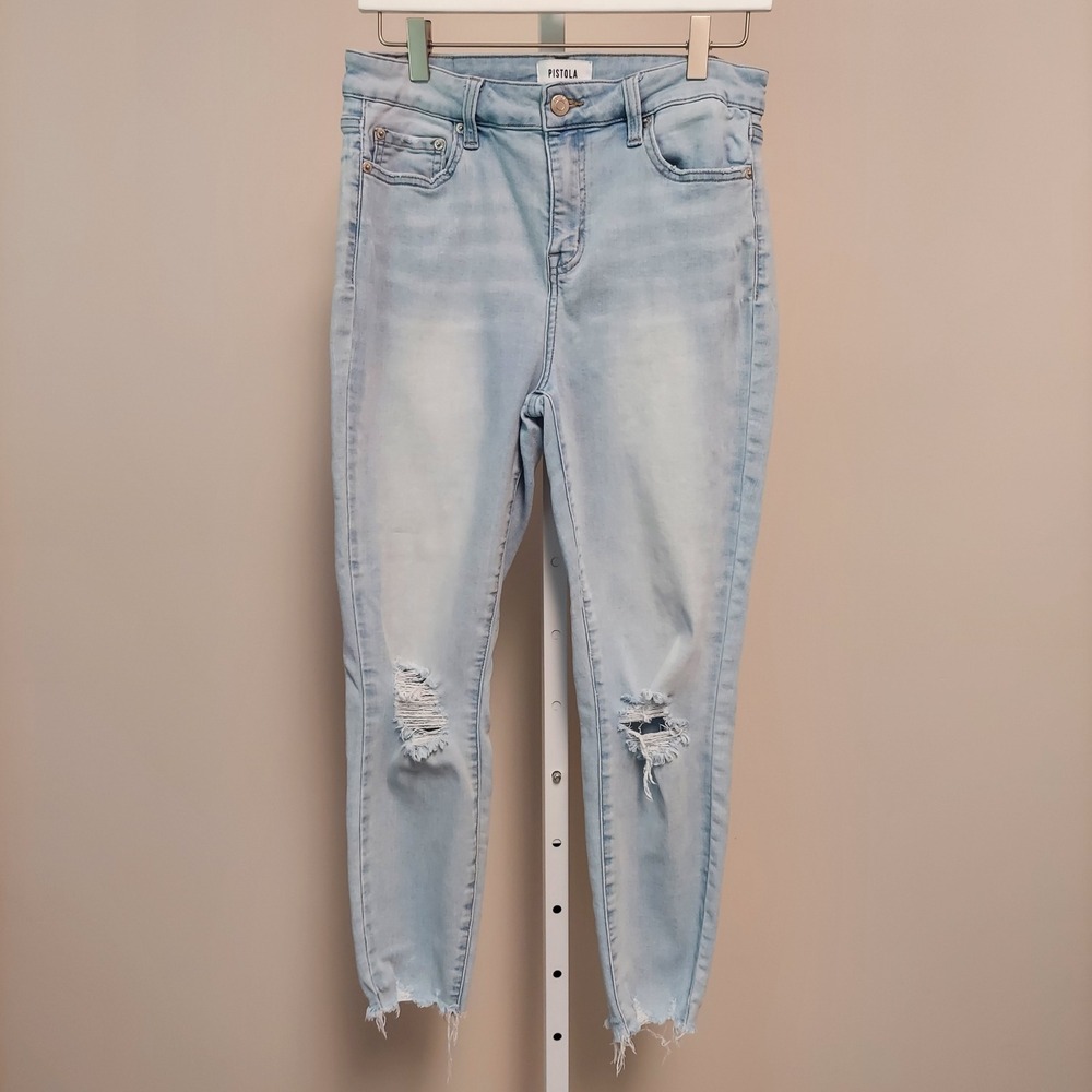 Pistola Light Wash Distressed Cropped High Rise Skinny Jeans Size 29 Chewed Hem‎